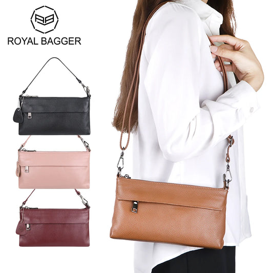 Royal Bagger Simple Shoulder Crossbody Bag, Genuine Leather Thin Satchel Purse, Fashion Casual Small Handbag, Two Straps 1857